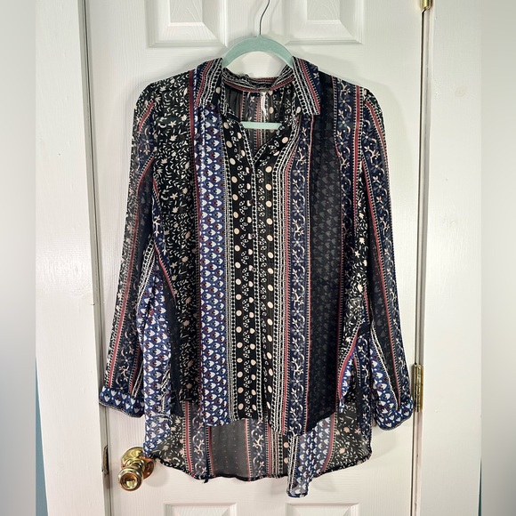 Free People Sheer Boho Patchwork Print Button-Up Blouse | Size S - Picture 2 of 7